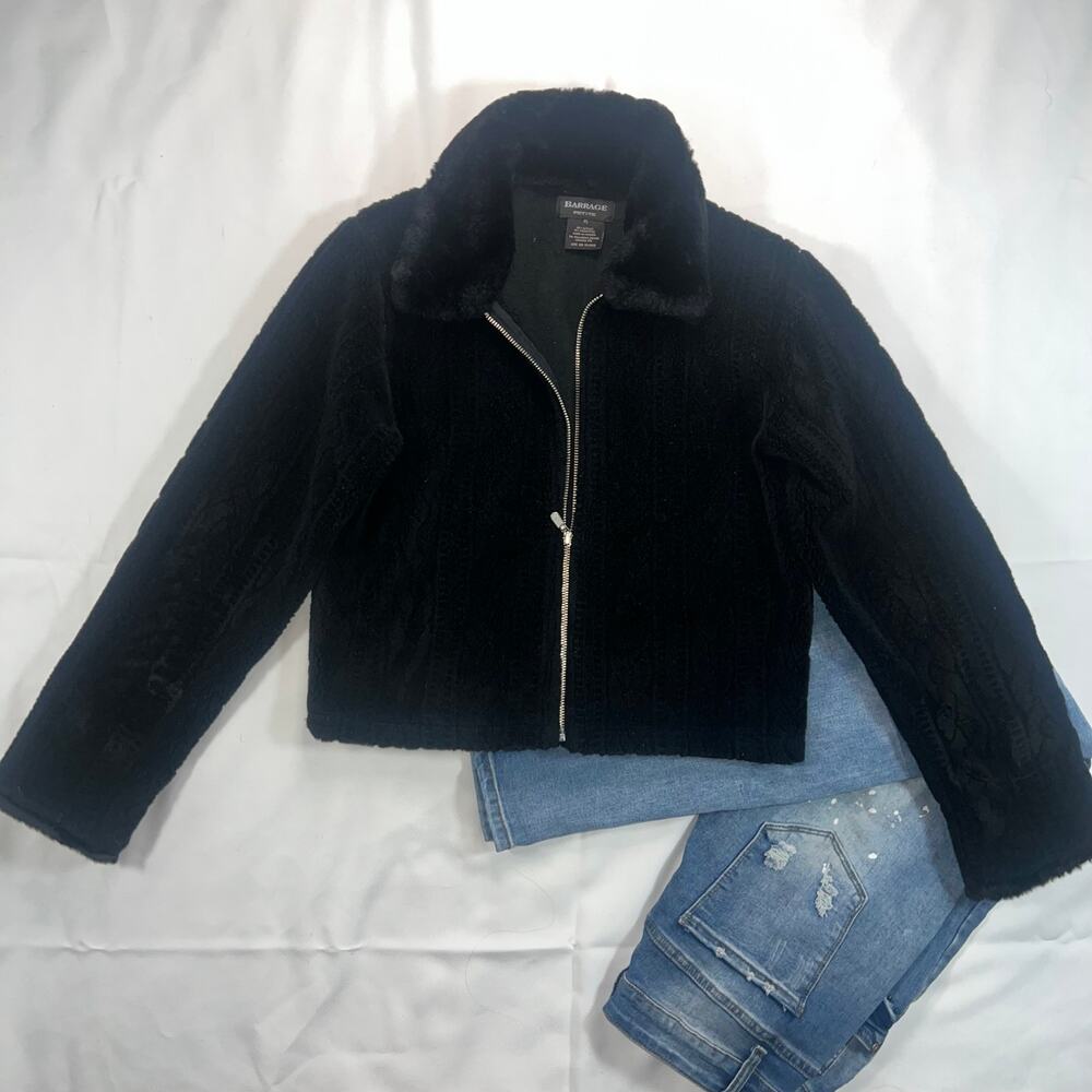 Vintage Y2K Black Faux Fur Collar Cropped Zip Up Jacket Size Petite S